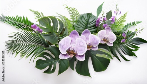 tropical vibes plant bush floral arrangement with tropical leaves monstera and fern and vanda orchids tropical flower decor on tree branch liana vine plant