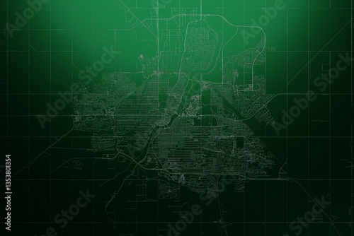 Street map of Saskatoon (Canada) engraved on green metal background. Light is coming from top. 3d render, illustration