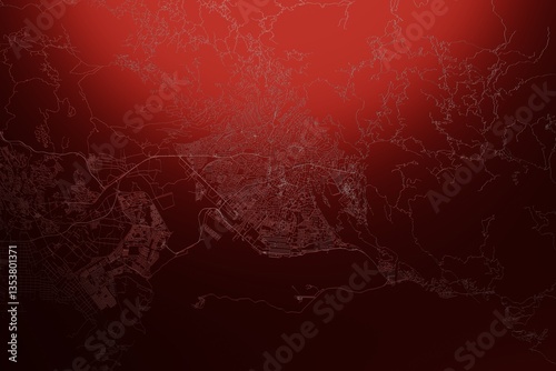 Obraz na płótnie Street map of Kingston (Jamaica) engraved on red metal background. Light is coming from top. 3d render, illustration w salonie