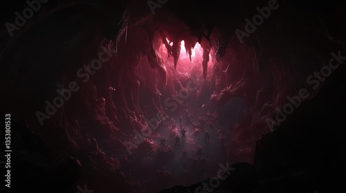 Dark cavern with glowing, red light source.  Deep within, mysterious formations