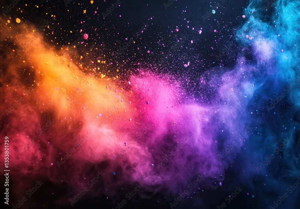 Fototapeta premium Vibrant Colorful Powder Explosion Creating Abstract Background with Splashes of Orange, Pink, Purple, Blue, and Black in Artistic Representation of Movement