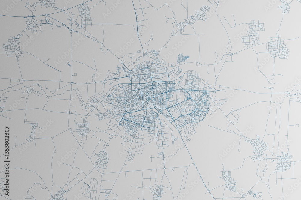 Map of the streets of Plovdiv (Bulgaria) made with blue lines on white paper. 3d render, illustration