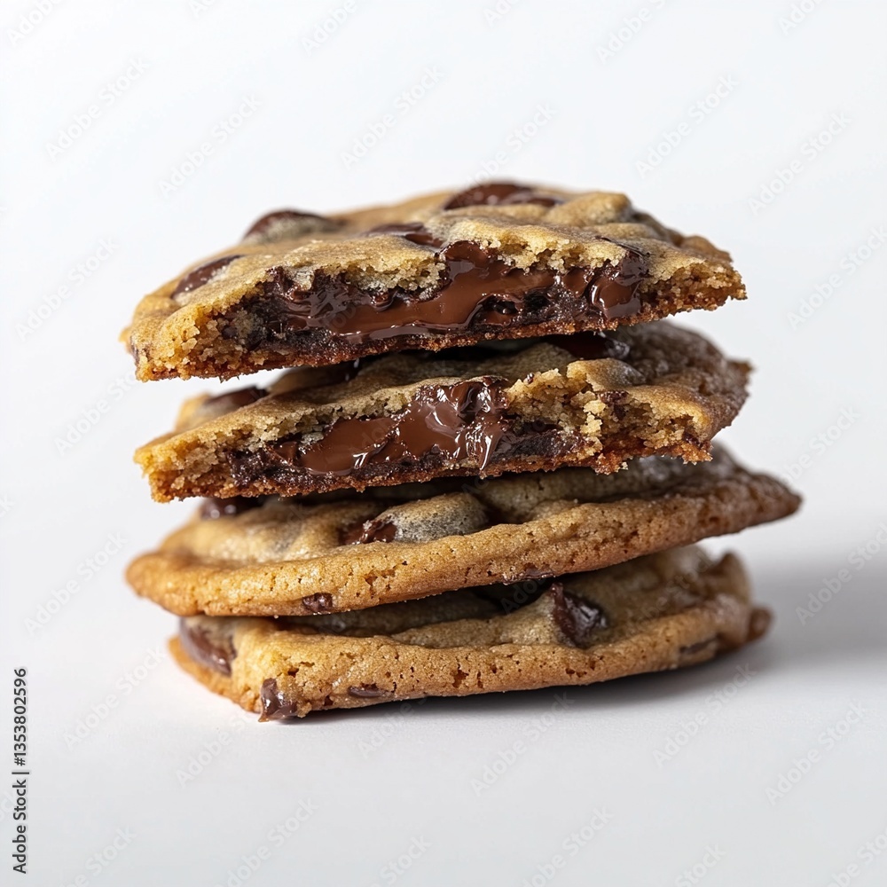 Stack of four chocolate chip cookies, broken to show gooey center. Stack of four chocolate chip cookies, broken to show gooey center.