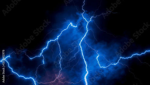 A mesmerizing electric lighting effect radiates against a dark, mysterious black background, evoking the intense energy of a stormy night, with bold, vibrant lightning bolts of electric blue and white