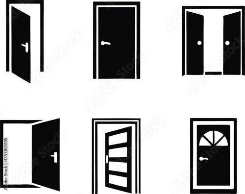 Different opened doors icons set. Vector illustration