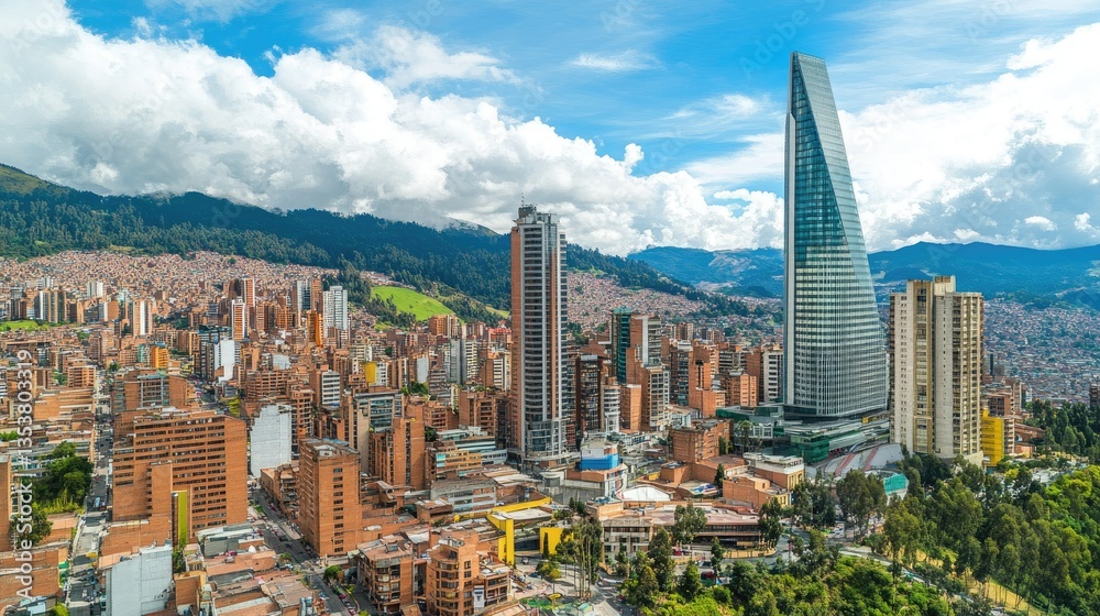 Obraz premium City skyline with a modern triangular skyscraper, adding a futuristic feel to Bogot's business district.
