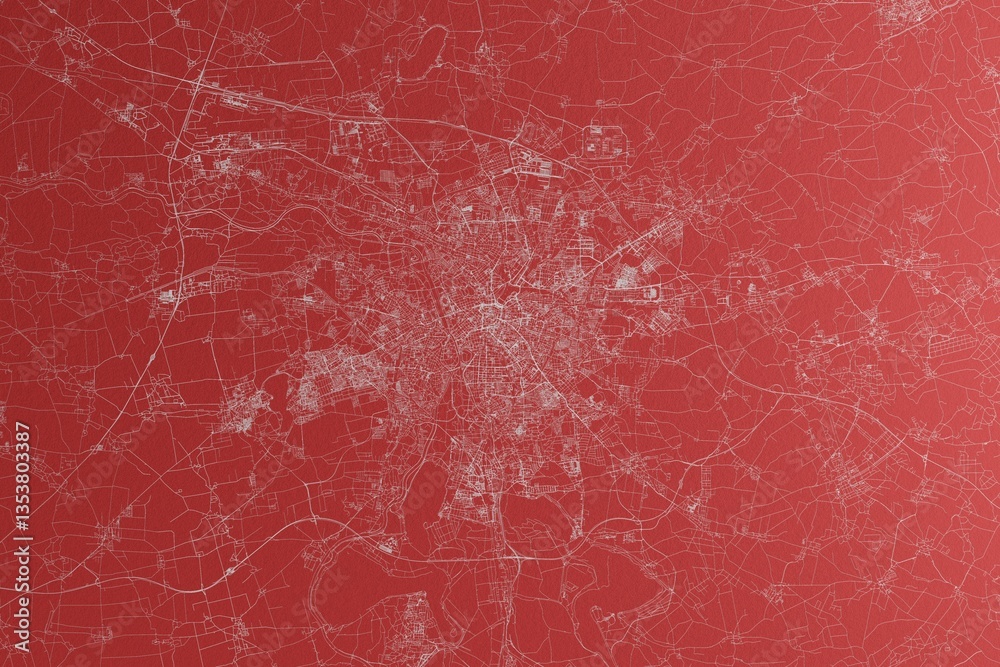Map of the streets of Leipzig (Germany) made with white lines on red paper. Top view, rough background. 3d render, illustration