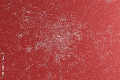 Obraz na płótnie Map of the streets of Leipzig (Germany) made with white lines on red paper. Top view, rough background. 3d render, illustration w salonie