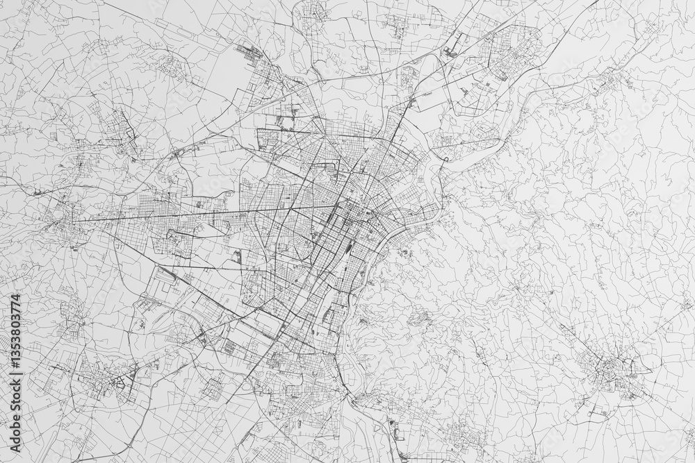 Map of the streets of Turin (Italy) on white background. 3d render, illustration Map of the streets of Turin (Italy) on white background. 3d render, illustration