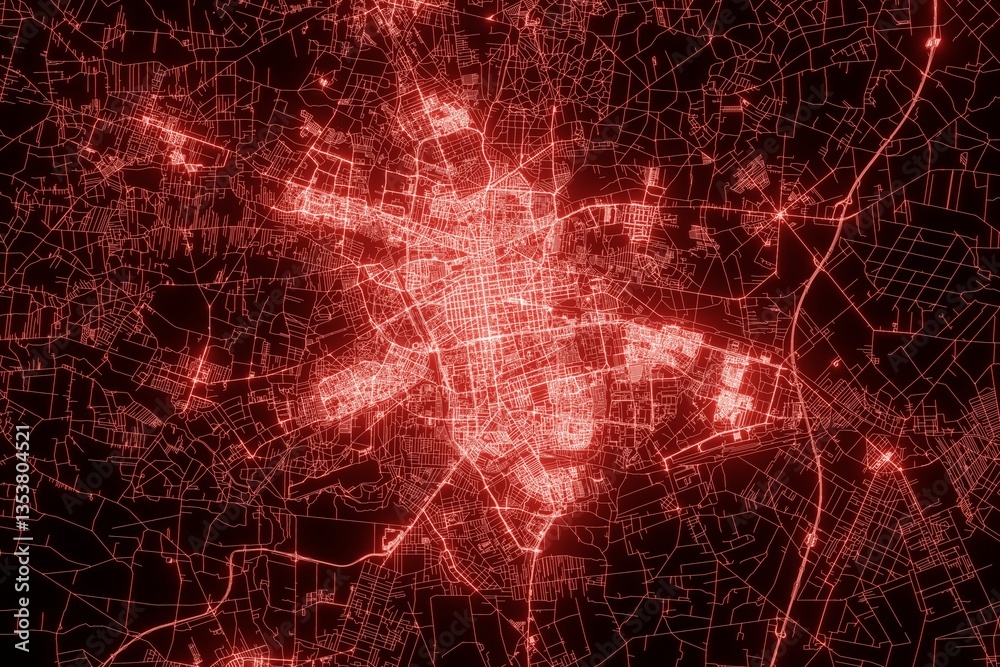 Street map of Lodz (Poland) made with red illumination and glow effect. Top view on roads network. 3d render, illustration