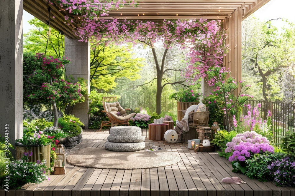Vibrant Image of Quiet Garden Terrace Ideal for Spring and Summer Vibrant Image of Quiet Garden Terrace Ideal for Spring and Summer