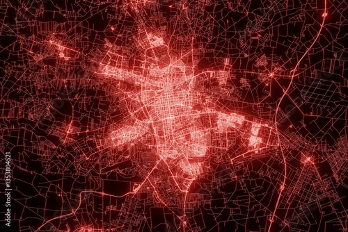 Obraz na płótnie Street map of Lodz (Poland) made with red illumination and glow effect. Top view on roads network. 3d render, illustration w salonie