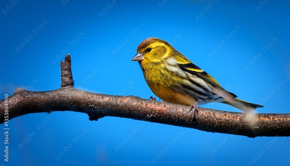 Fototapeta premium a yellow siskin sits on a branch against the background of a blue sky the branch is green and brown the sky is blue