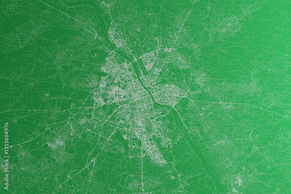 Map of the streets of Warsaw (Poland) made with white lines on green paper. Rough background. 3d render, illustration