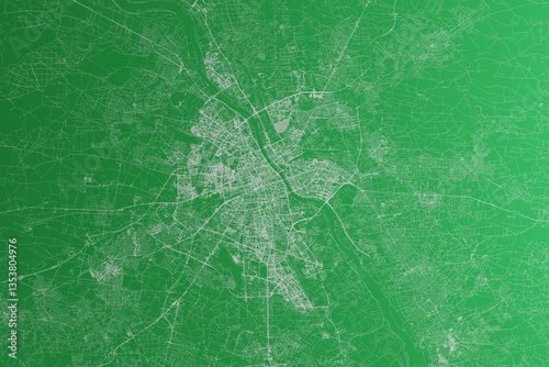 Obraz na płótnie Map of the streets of Warsaw (Poland) made with white lines on green paper. Rough background. 3d render, illustration w salonie