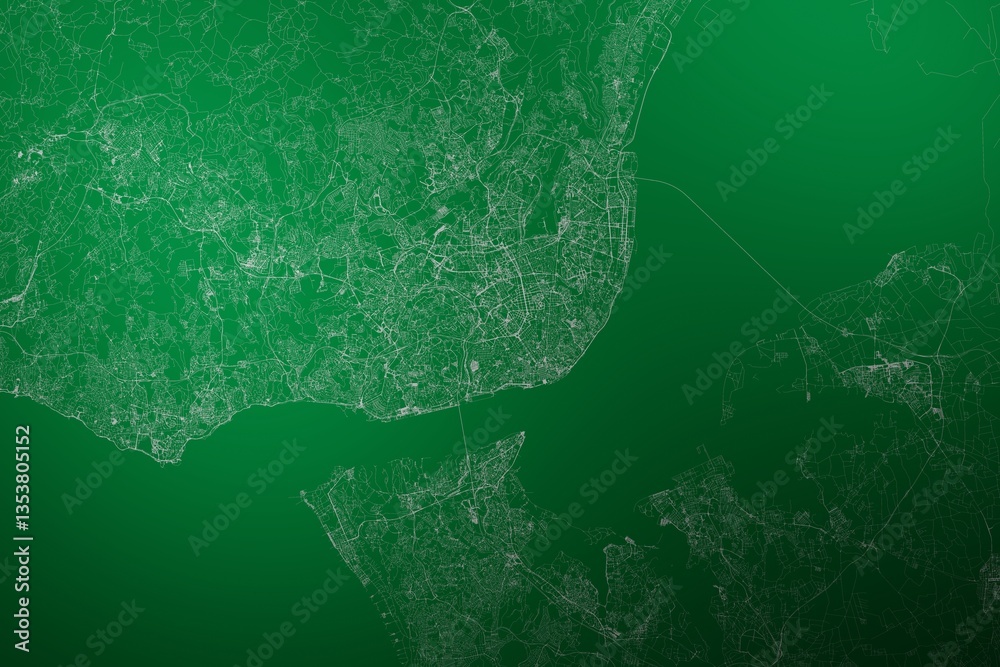Map of the streets of Lisbon (Portugal) made with white lines on abstract green background lit by two lights. Top view. 3d render, illustration