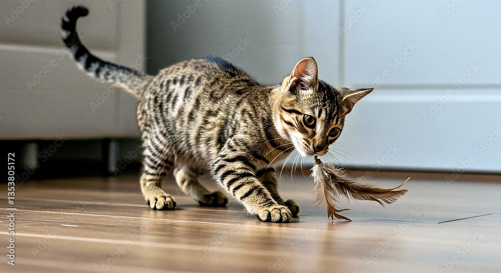 Obraz premium Capture a Sokoke Cat in a Playful Interaction With a Natural Toy, Such as a Feather or a Piece of Wood, Showcasing Its Agile Movements and Natural Instincts