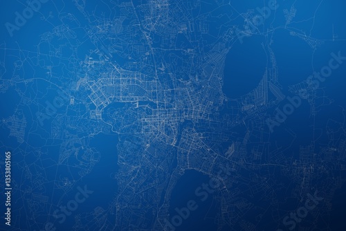 Bild auf Leinwand Stylized map of the streets of Chelyabinsk (Russia) made with white lines on abstract blue background lit by two lights