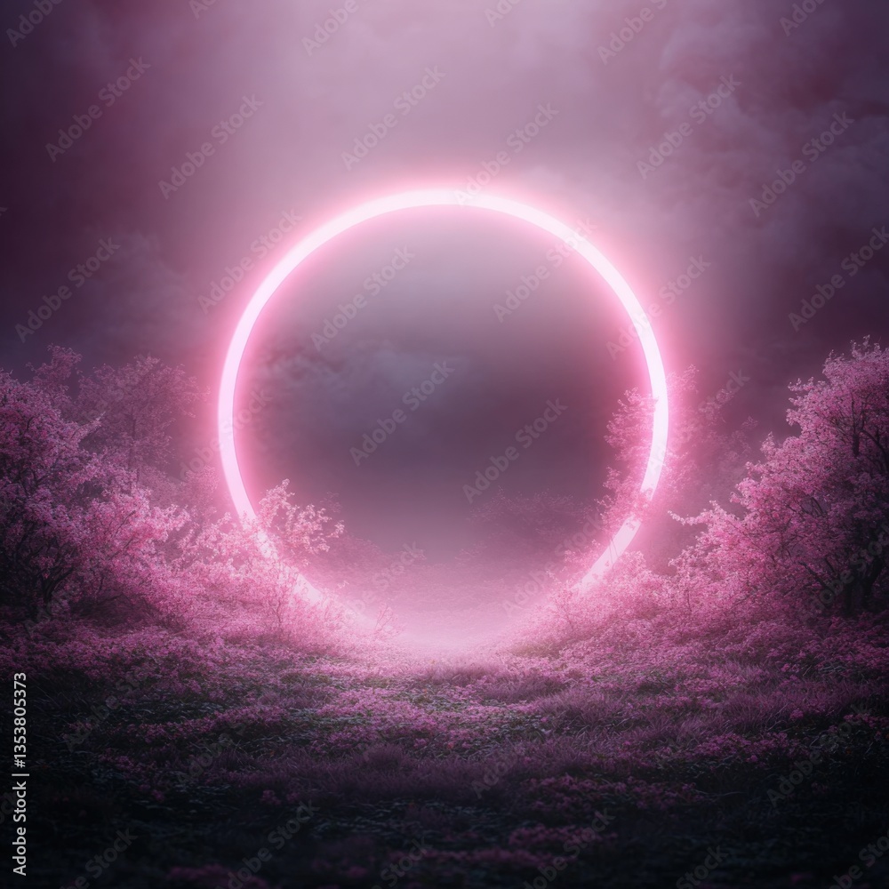 Glowing portal in pink spring landscape Glowing portal in pink spring landscape
