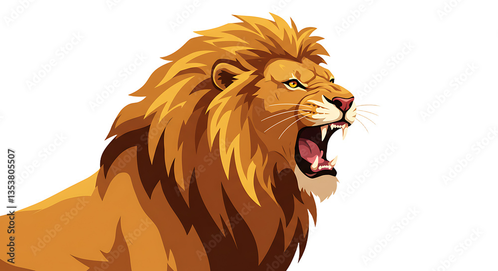 Fototapeta premium Roaring Lion with Golden Mane Cartoon Illustration on White Background