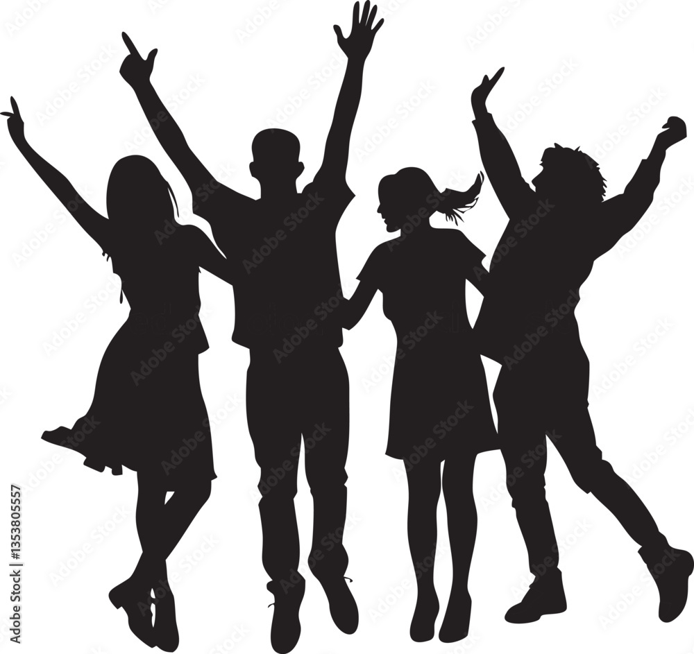Silhouettes of people dancing and jumping in a lively party scene Silhouettes of people dancing and jumping in a lively party scene