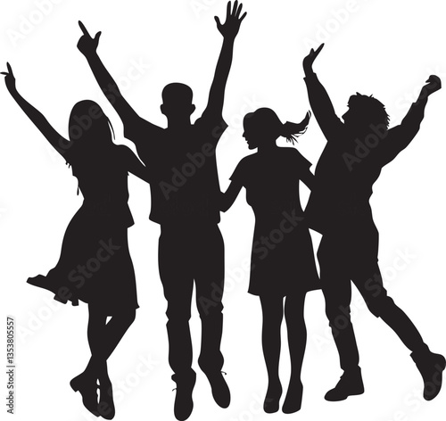 Silhouettes of people dancing and jumping in a lively party scene