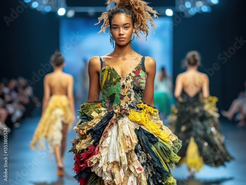 High-fashion model showcasing a unique, eco-friendly dress made from recycled materials on the runway, surrounded by an audience.