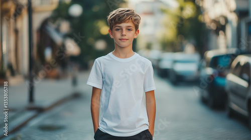 boy wearing white shirt mockup, at city background, print presentation mock-up, AI generated.