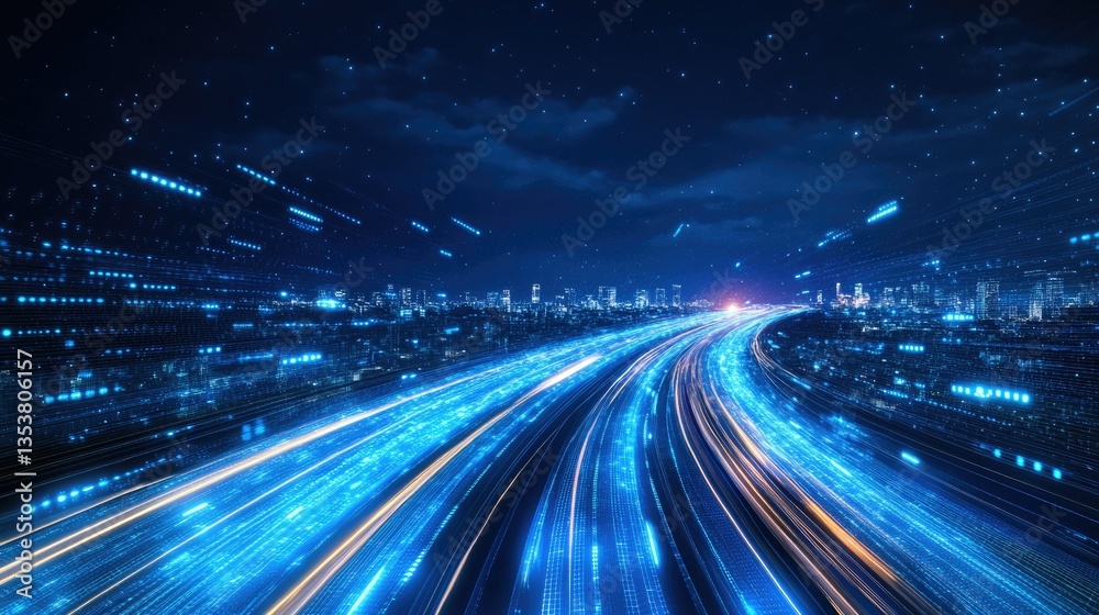 Cyber-futurism in a smart city, with accelerated light trails and data waves, symbolizing high-speed networks. Cyber-futurism in a smart city, with accelerated light trails and data waves, symbolizing high-speed networks.