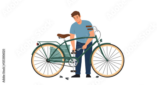 Man repairing bicycle using wrench in workshop or at home