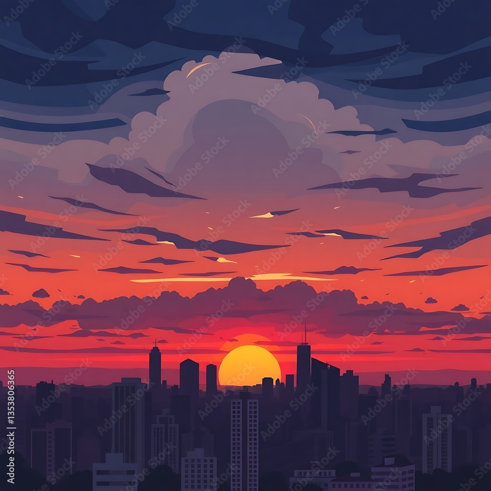 Fototapeta premium Vibrant sunset over city skyline. (1)