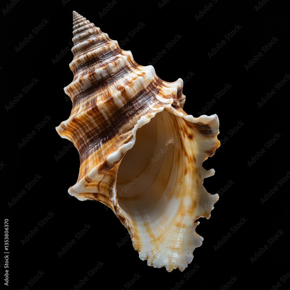 Spiral seashell with intricate texture isolated on black background Spiral seashell with intricate texture isolated on black background