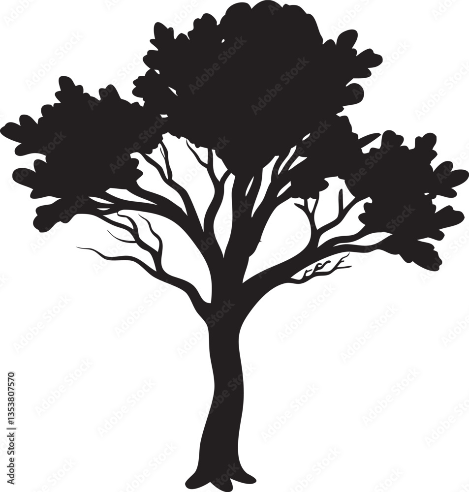 Obraz premium Silent Sentinel: A silhouette of a majestic tree stands tall, its intricate branches reaching towards the sky, a timeless emblem of resilience.