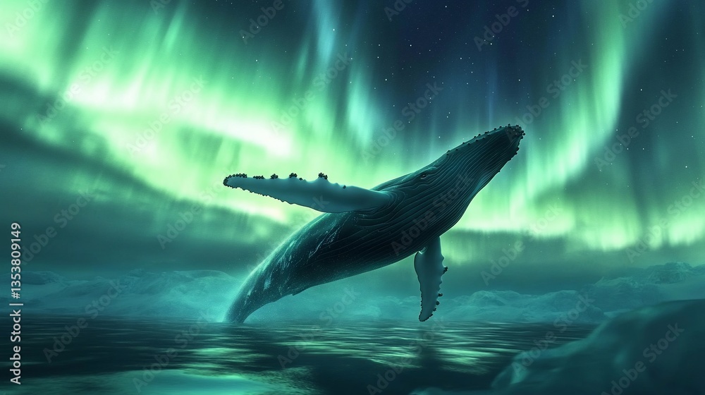 Fototapeta premium Whale breaching under aurora borealis, arctic ocean, night