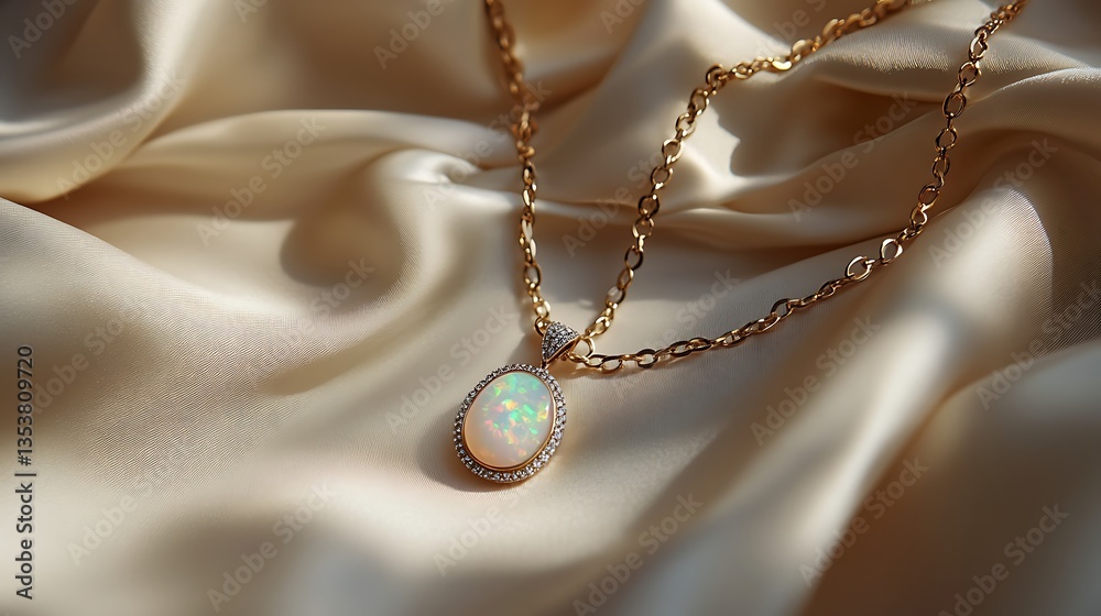 Fototapeta premium Golden necklace displayed on smooth satin and silk backgrounds