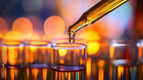 Close-up of a pipette dropping liquid into test tubes against a colorful illuminated background, showcasing the essence of scientific research and experimentation