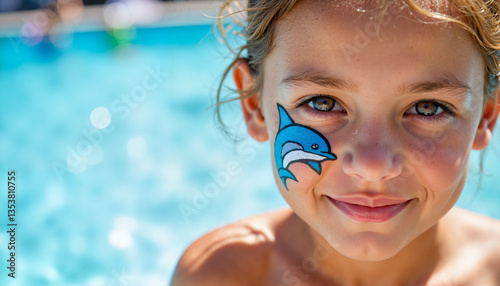 Joyful child with dolphin face paint smiling by sparkling poolside, summer fun