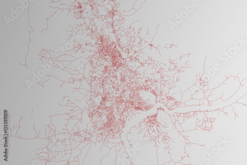Canvastavla Map of the streets of Bangui (Central African Republic) made with red lines on white paper