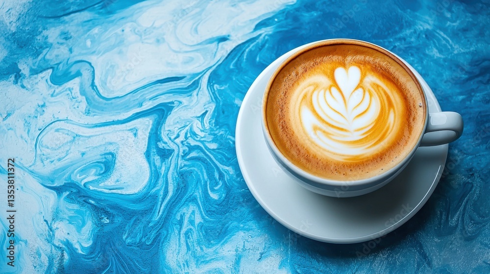 A decorative coffee cup sits on a vibrant blue marbled surface.