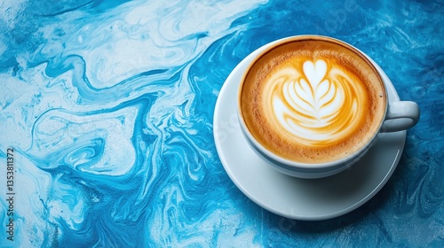Obraz na płótnie A decorative coffee cup sits on a vibrant blue marbled surface. w salonie
