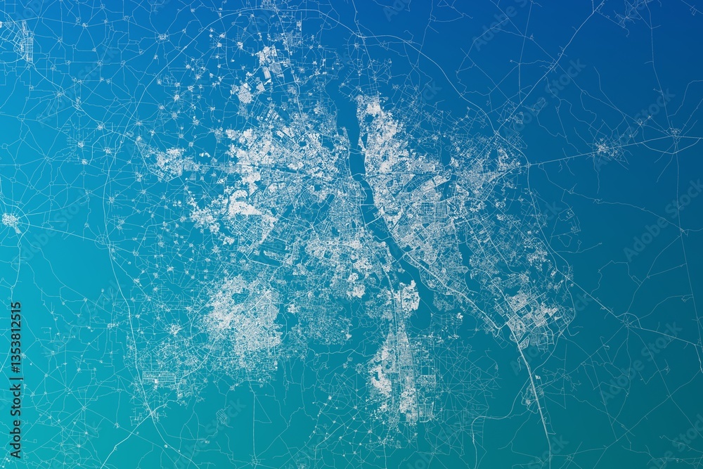 Map of the streets of New Delhi (India) made with white lines on greenish blue gradient background. 3d render, illustration