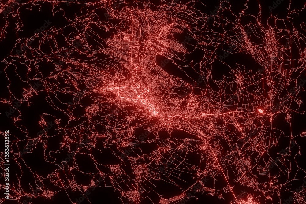 Street map of Tbilisi (Georgia) made with red illumination and glow effect. Top view on roads network. 3d render, illustration