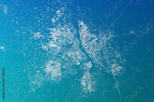 Obraz na płótnie Map of the streets of New Delhi (India) made with white lines on greenish blue gradient background. 3d render, illustration w salonie