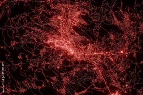 Obraz na płótnie Street map of Tbilisi (Georgia) made with red illumination and glow effect. Top view on roads network. 3d render, illustration w salonie