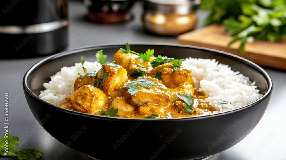 Delicious Bowl of Chicken Curry Served with Fragrant Rice and Herbs Delicious Bowl of Chicken Curry Served with Fragrant Rice and Herbs