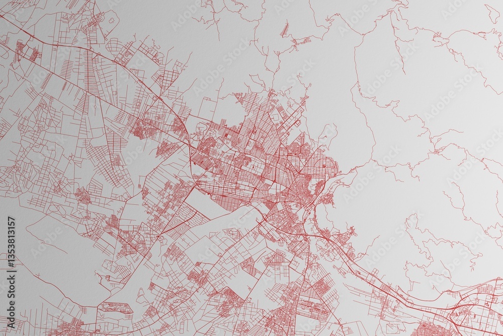Map of the streets of Karaj (Iran) made with red lines on white paper. 3d render, illustration
