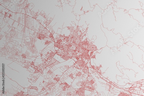 Obraz na płótnie Map of the streets of Karaj (Iran) made with red lines on white paper. 3d render, illustration w salonie
