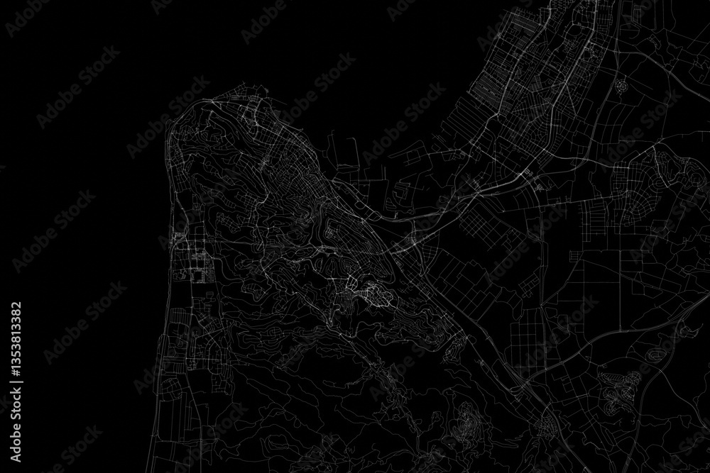 Stylized map of the streets of Haifa (Israel) made with white lines on black background. Top view. 3d render, illustration