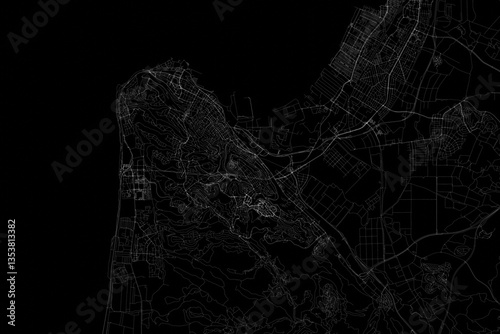 Obraz na płótnie Stylized map of the streets of Haifa (Israel) made with white lines on black background. Top view. 3d render, illustration w salonie