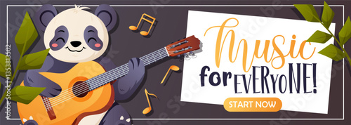 Horizontal music banner with cute panda playing guitar and fun message. Great for ads, kids events, education and social media promotion.